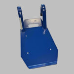 A blue hand held assembly chassis with metal construction and two handles.