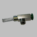 A silver inlet valve with a green spring and metal components.