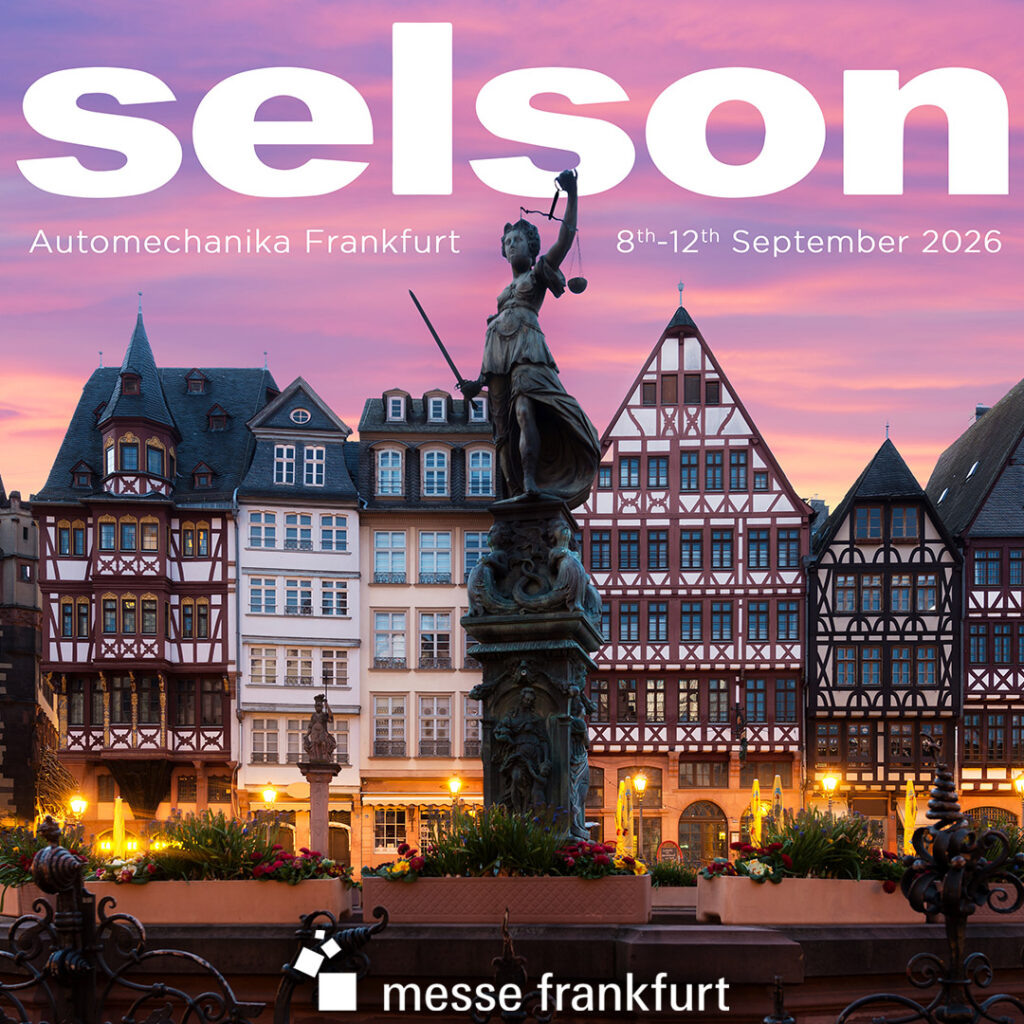 Selson announces attendance at Automechanika Frankfurt 2026, shown over Frankfurt city skyline with historic buildings and statue at sunset.